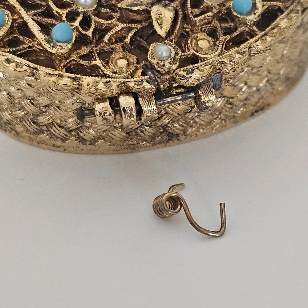 Vintage Gold Tone Filigree Pill Box Set Turquoise Blue Cabochon Faux Pearl 2pc